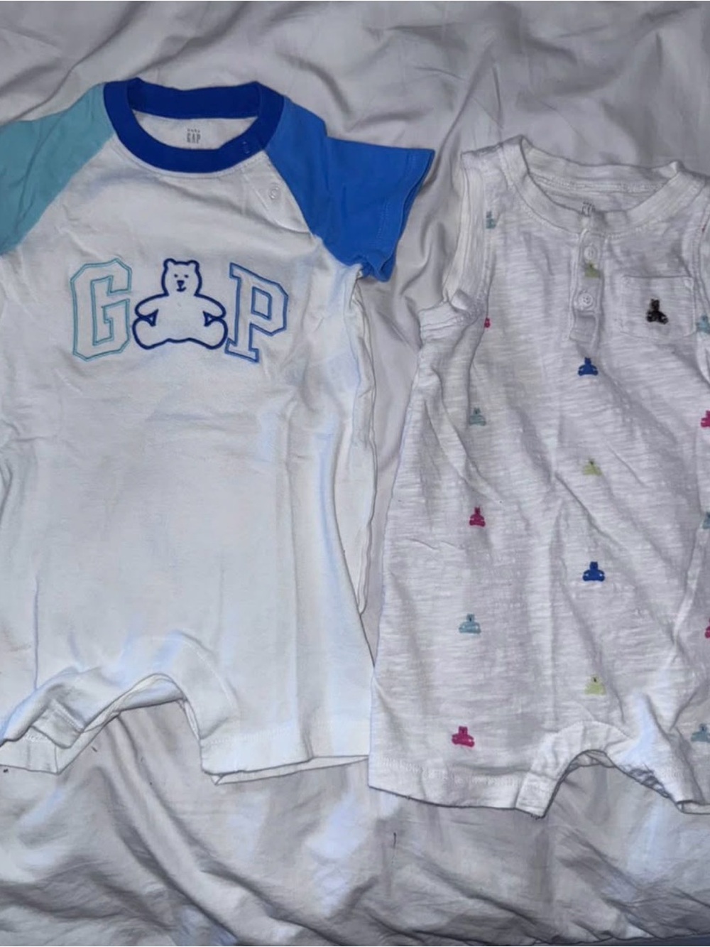 GAP White Romper Pair with Blue Accents and Multicolor Icons